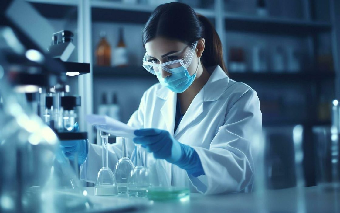 Pesquisadora analisando amostras em laboratório